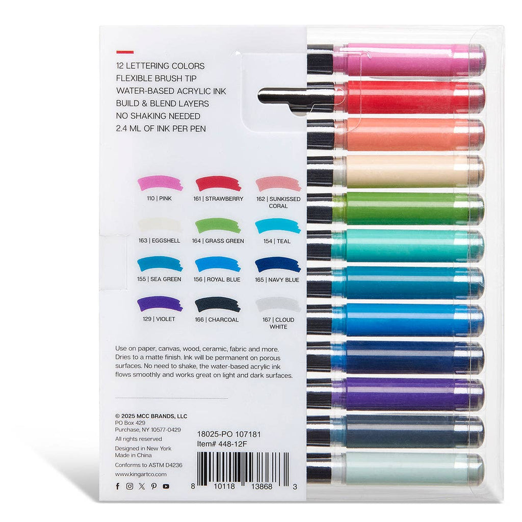 KINGART - PRO Acryl-Pinselstifte – 12 Lettering-Farben